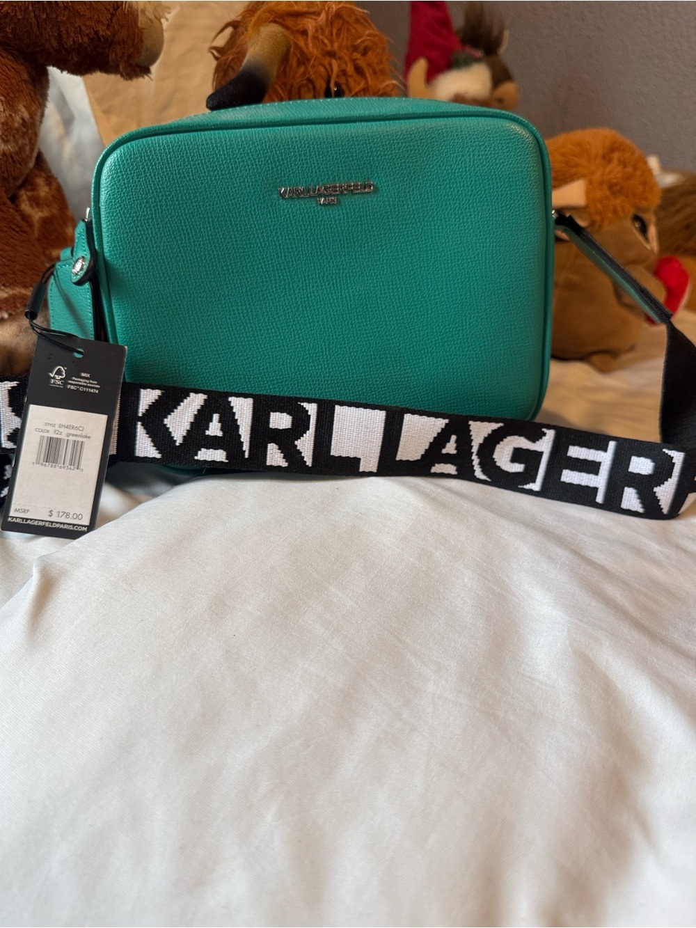 Karl Lagerfeld Teal Green Pebbled Crossbody with Logo Strap